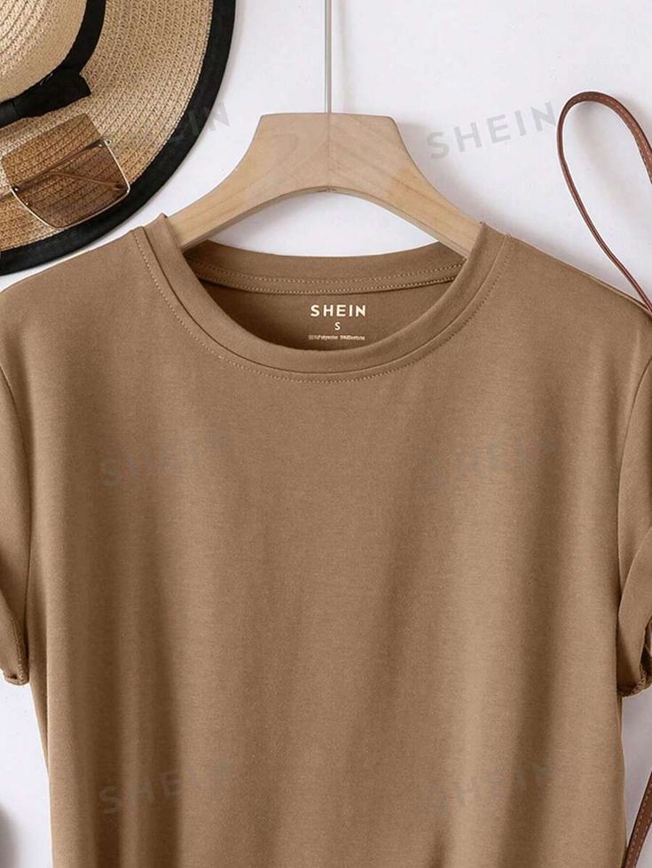 Style:Casual \nSleeve Type:Regular Sleeve \nColor:Mocha Brown \nPattern Type:Plain \nNeckline:Round Neck \nSleeve Length:Short Sleeve \nLength:Regular \nFit Type:Regular Fit \nFabric:Slight Stretch \nMaterial:Fabric \nComposition:95% Polyester \nComposition:5% Elastane \nCare Instructions:Machine wash or professional dry clean \nSheer:No \n Mocha Brown, Round Neck Tees, Light Brown, Casual Style, Womens Tees, Types Of Sleeves, Round Neck, Sleeve Length, T-shirt