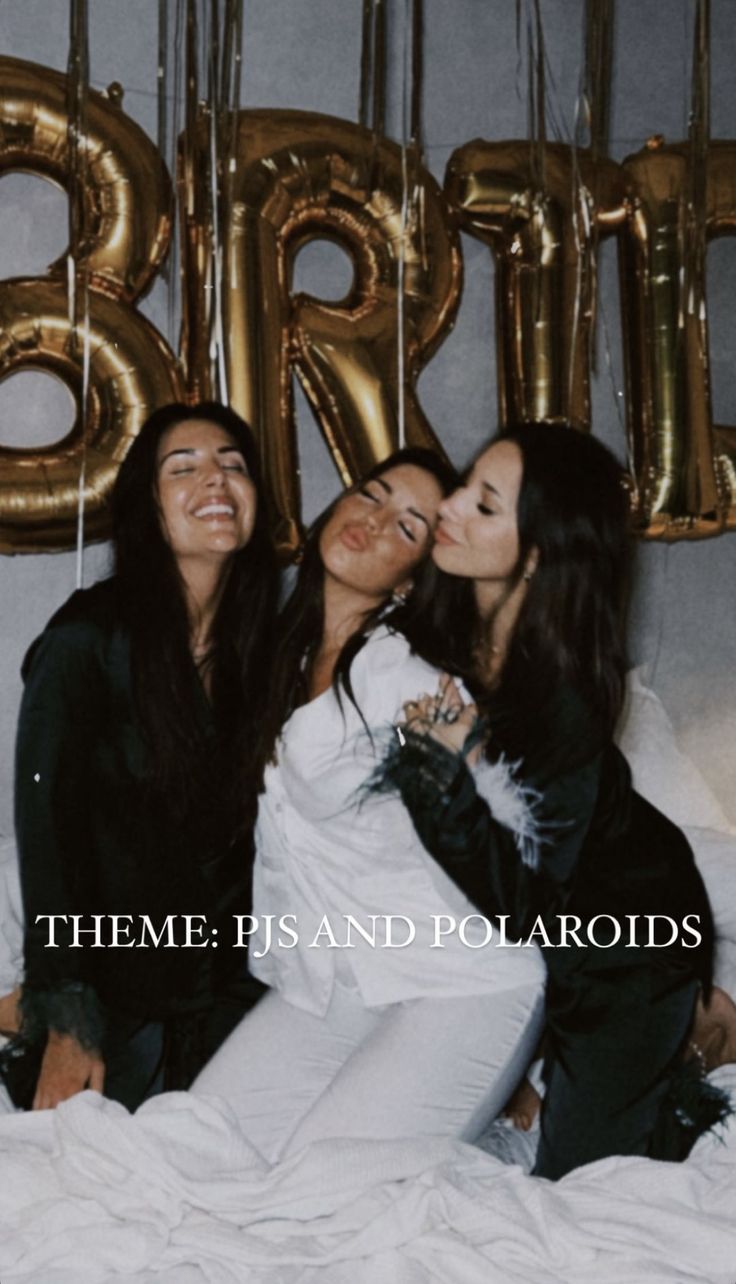 three women sitting on a bed in front of balloons and the words party time island polaroids