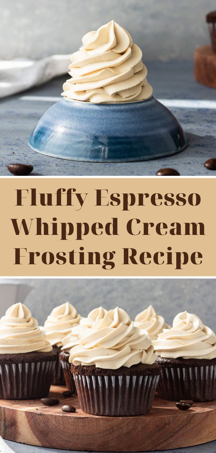 three cupcakes with white frosting on top and the words fluffy espresso whipped cream frosting recipe