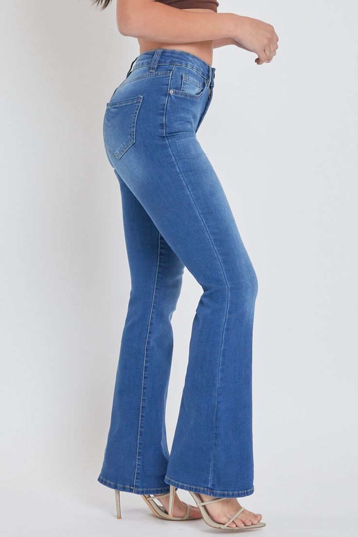 Retro is back and we’re all about it! Bring some flirt and flair to any look with our Women's Classic High Rise Flare Jean-Long Inseam. This fit features 2 additional inches in length for all of our tall babes to rock! These flares are made from smooth and soft denim so it fits and flatters your every curve. Pair them with a tank and sneakers for a casual vibe, or dress up with a cute crochet top and strappy heels! Product Details - High-Rise - 1-Button Closure with Zipper - 5 Pocket Constructio Trendy Fitted Distressed Flares, Stretch High Rise Medium Wash Flares, Fitted Distressed Flares For Spring, Distressed Fitted Flares For Spring, Fitted Full-length Medium Wash Flares, Fitted Wide Leg Flares With Frayed Hem, Fitted Distressed Denim Flares, Distressed Fitted Flares, Fitted High Rise Distressed Flares