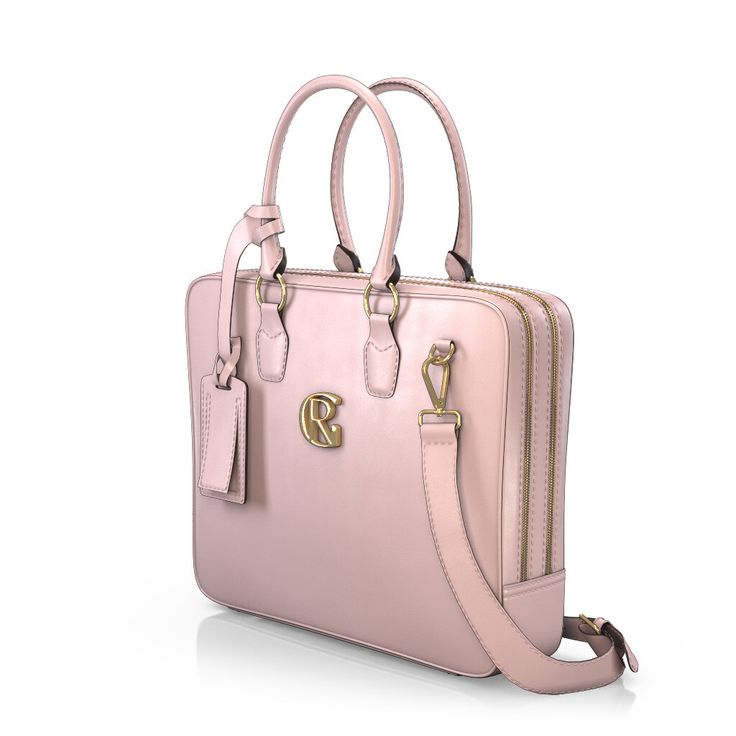 a pink handbag with two handles and a gold logo on the front, sitting on a white surface