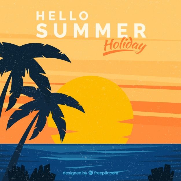 a sunset with palm trees and the words hello summer holiday