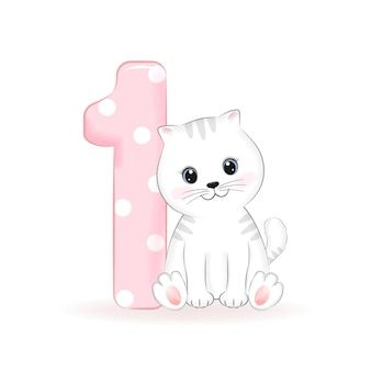 a white cat sitting next to a pink number one on a white background with polka dots