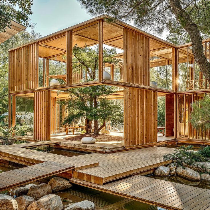 the house is surrounded by trees and rocks