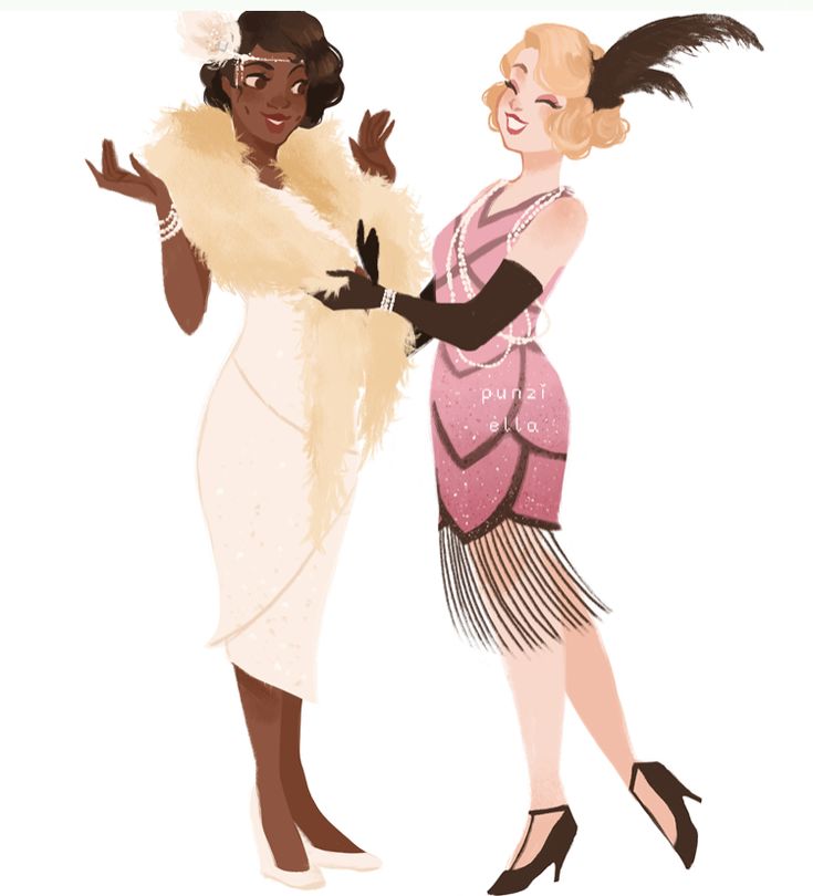 two women dressed in flappers and garb, one is pointing at the other