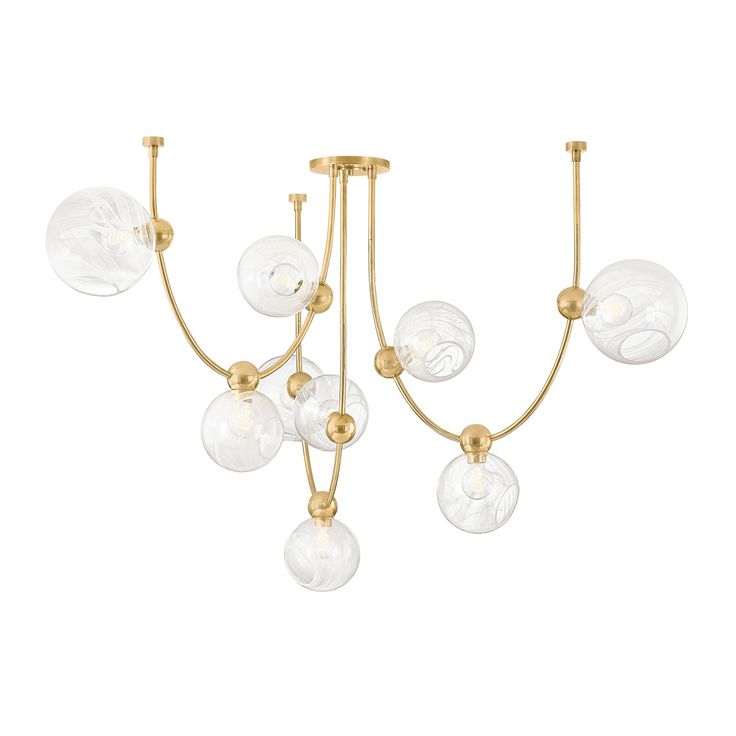 three light chandelier with clear glass balls hanging from the arms and gold metal fittings