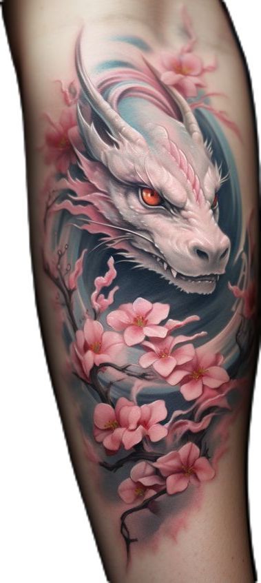 a dragon with pink flowers on it's arm and the eye is glowing in the background