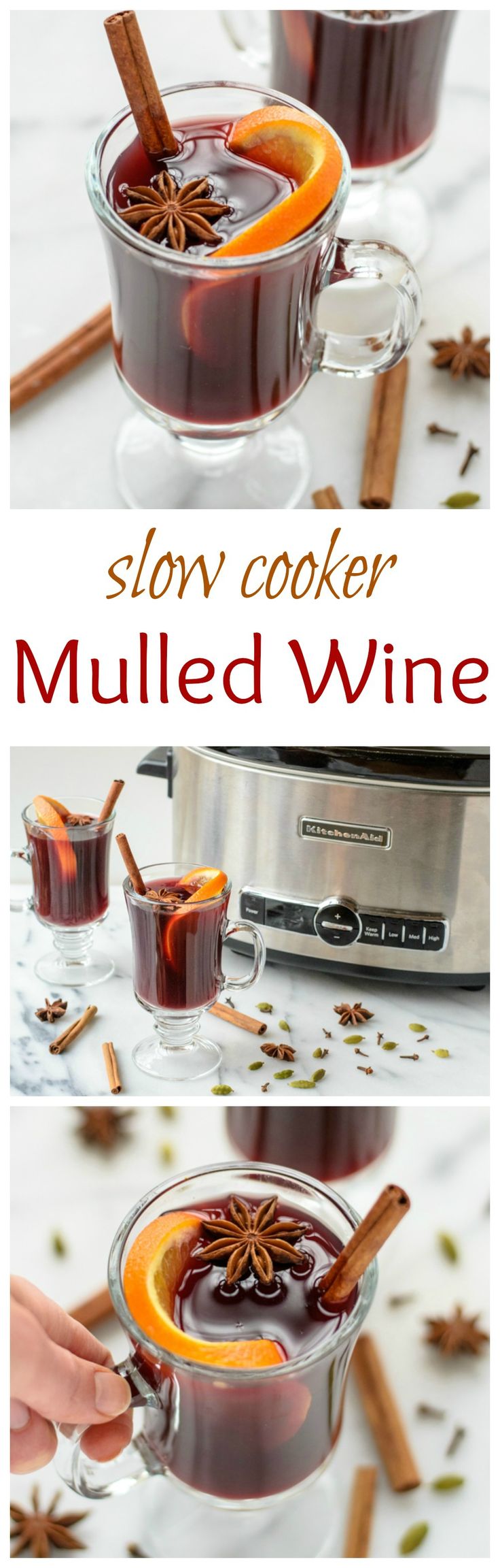 slow cooker filled with mulled wine and cinnamon sticks