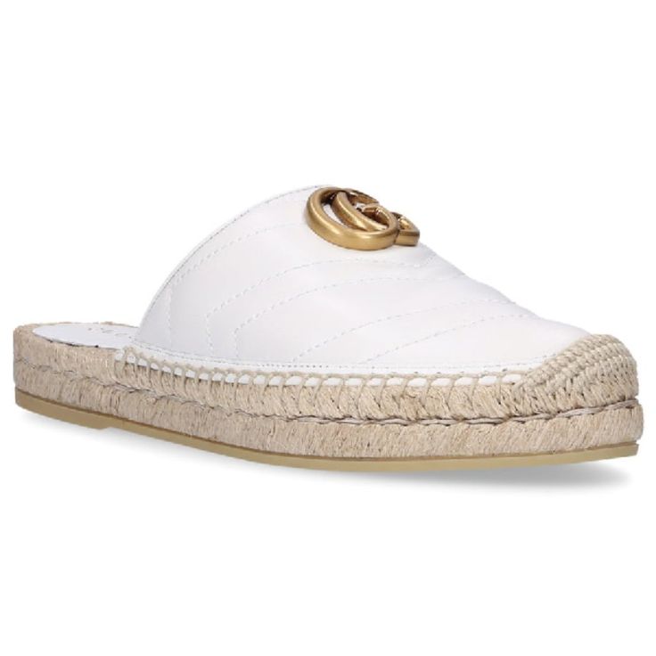 The Gucci Leather Espadrille Sandal In White Is Made In Spain And Constructed Of White Leather. This Slip On Style Pair Features A Wave Pattern Stitching, The Iconic Double G Logo, And A Small 0.8" Platform Made In The Espadrille Design. White Leather Espadrille Sandal Gold-Tone Hardware 100% Leather Upper Espadrille Woven Platform Slip On Style Sandal Closed Toe Double G Logo Gucci Name On Leather Pad Bee Design Under Shoe 0.8" Platform Size 38.5 Product Number 551881 Made In Spain Gucci White Round Toe Espadrilles, White Gucci Espadrilles For Spring, White Casual Gucci Espadrilles, Chic White Calf Leather Sandals, Gucci Leather Beach Espadrilles, Gucci Leather Espadrilles For Beach, Gucci Summer Calf Leather Sandals, Gucci Calf Leather Sandals For Summer, Gucci Sandals With Leather Sole For Summer