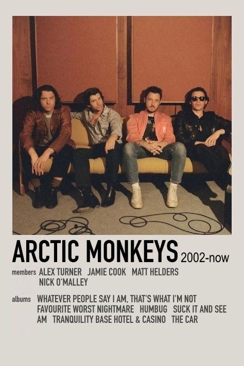 an advertisement for arctic monkeys featuring four men sitting on a couch