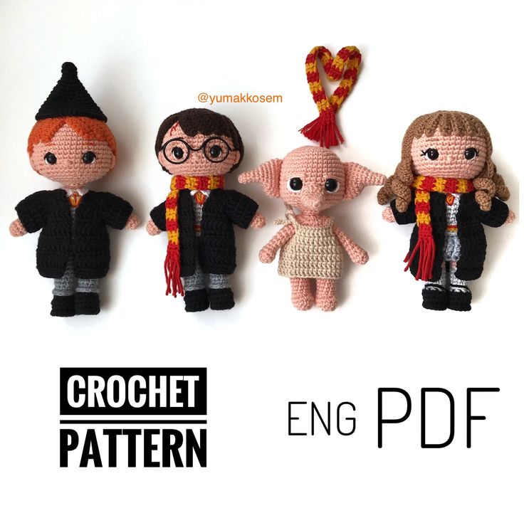 crochet harry potter dolls are shown in three different sizes and patterns, including one with