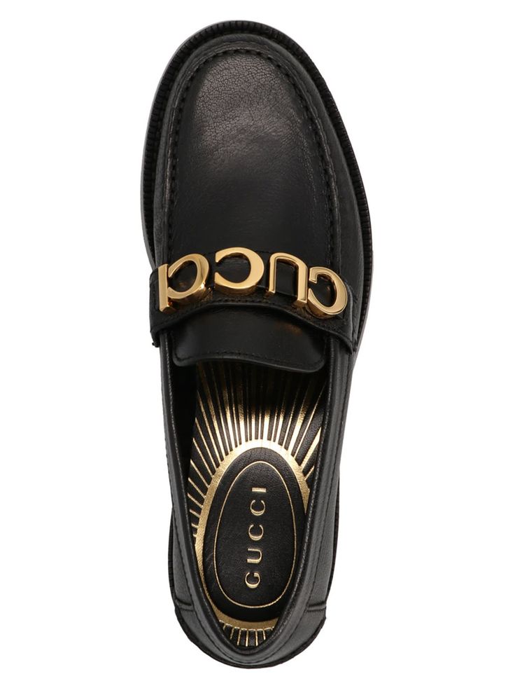 100% calf leather - Inner: Leather - Insole: Leather - Sole: Leather - Round toe - Gold tone logo lettering - Heel 2,5 cm Guccio Gucci, Gucci Logo, Prada Leather, Sneaker Wedge, Shop Logo, Card Holder Leather, Online Bags, Italian Fashion, Leather Loafers