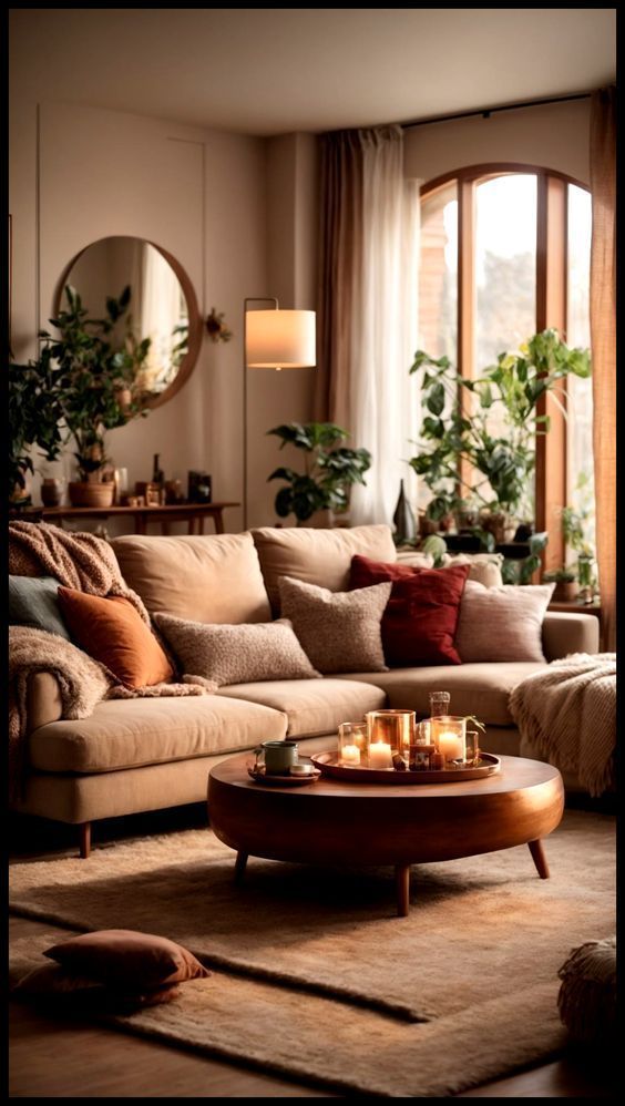 a living room filled with lots of furniture and candles on top of a coffee table