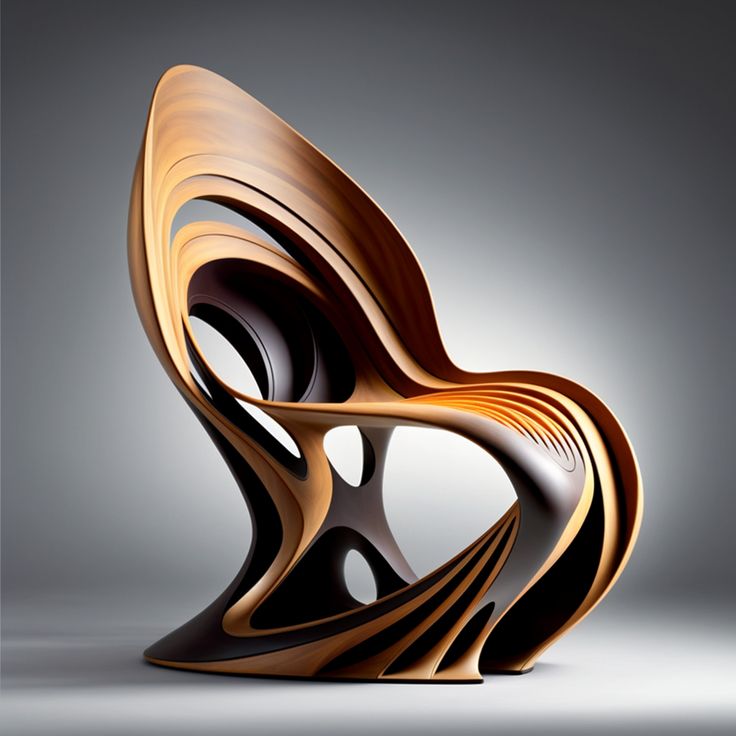 an unusual chair made out of wood on a gray background with light coming through it