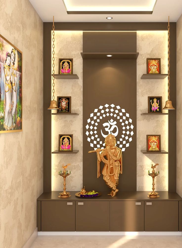 Contemporary Pooja Room Pooja Room Ideas Indian, Pooja Door Design, Shelves Design, Wall Shelving, Tv Unit Interior Design, Temple Design For Home, Interior Design Your Home, Shelving Ideas, Pooja Room Door Design