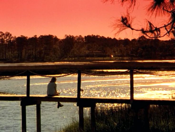 a person is sitting on a dock watching the sunset