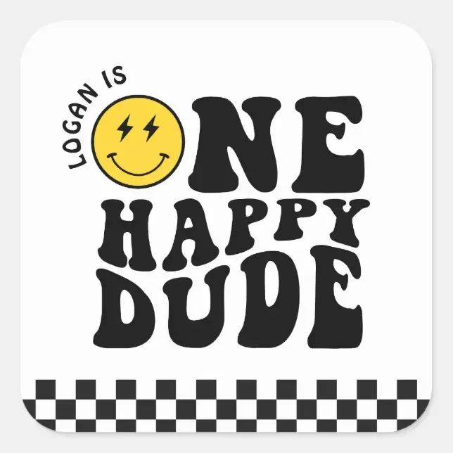 a square sticker with the words loan is one happy dude in black and yellow