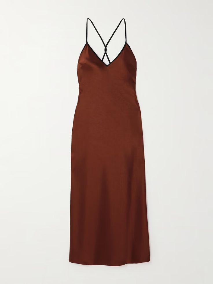 LA LIGNE Boudoir open-back satin maxi dress | NET-A-PORTER Elegant Silk Midi Dress For Night, Elegant Satin Midi Dress For Night, Elegant Fitted Midi Dress For Night, Chic Night Slip Dress, Chic Fitted Midi Dress For Night, Chic Slip Dress For Night, Elegant Brown Slip Dress For Party, Elegant Midi Length Night Dresses, Chic Brown Satin Slip Dress