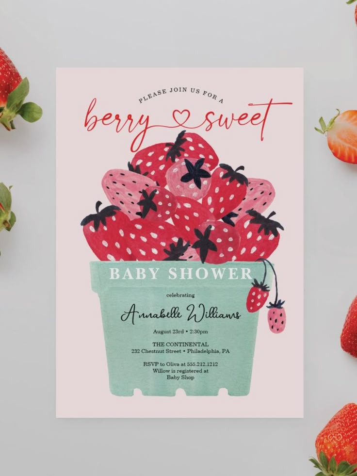 a baby shower card with strawberries on it