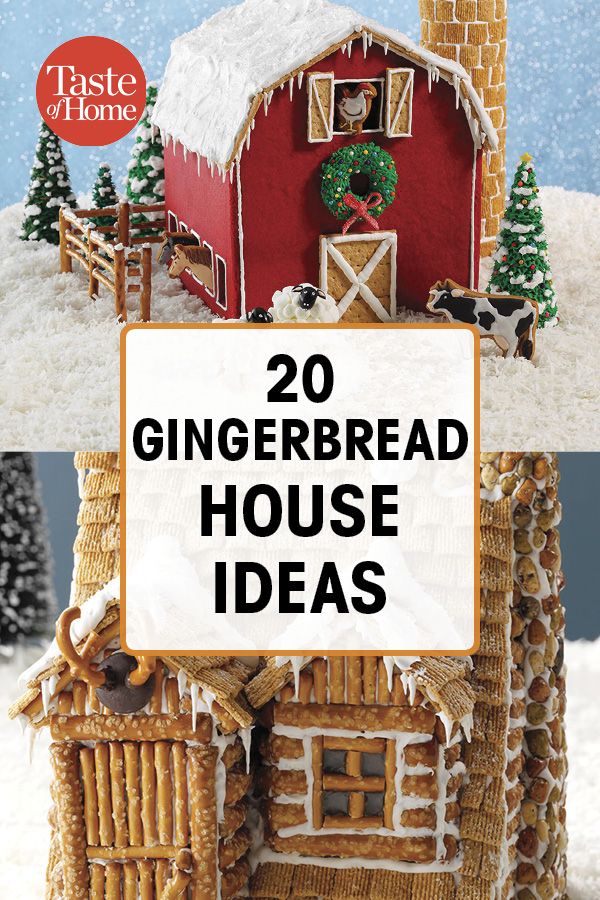 gingerbread house with text overlay reading 20 gingerbread house ideas