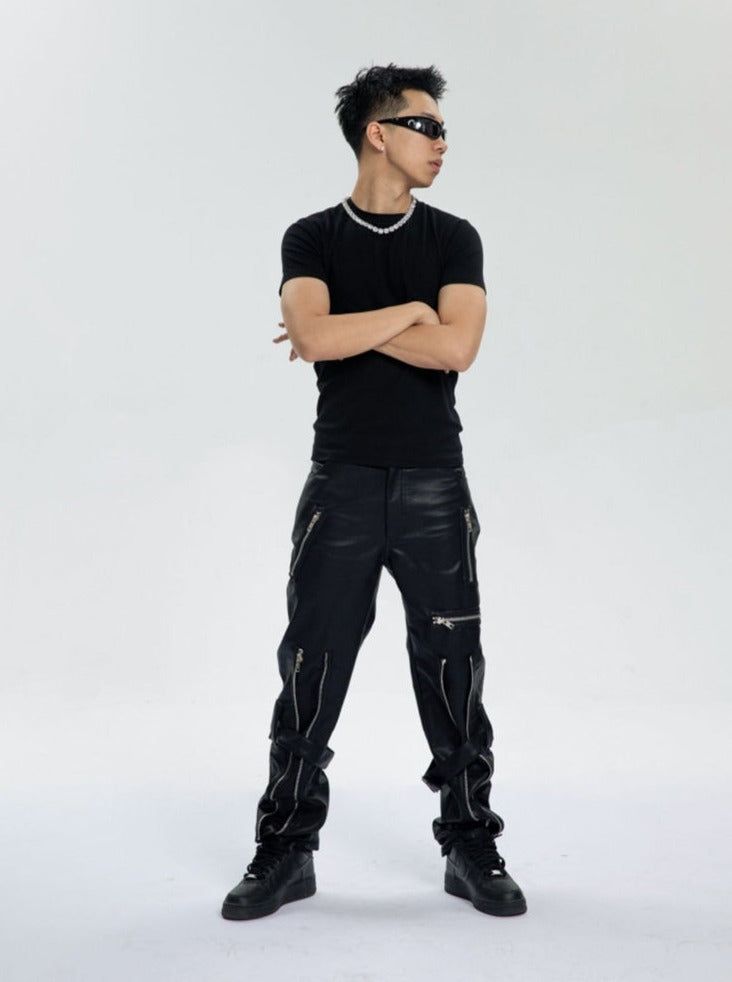 Black / S Men's Luxury Designer Leather Pants - skyjackerz Luxury Black Leather Pants For Party, Modern Black Pants For Party, Luxury Leather Pants For Party, Luxury Black Leather Party Pants, Luxury Leather Party Pants, Modern Leather Party Bottoms, Modern Black Party Pants, Luxury Leather Pants With Belt Loops For Formal Wear, Luxury Leather Pants With Belt Loops For Formal Events