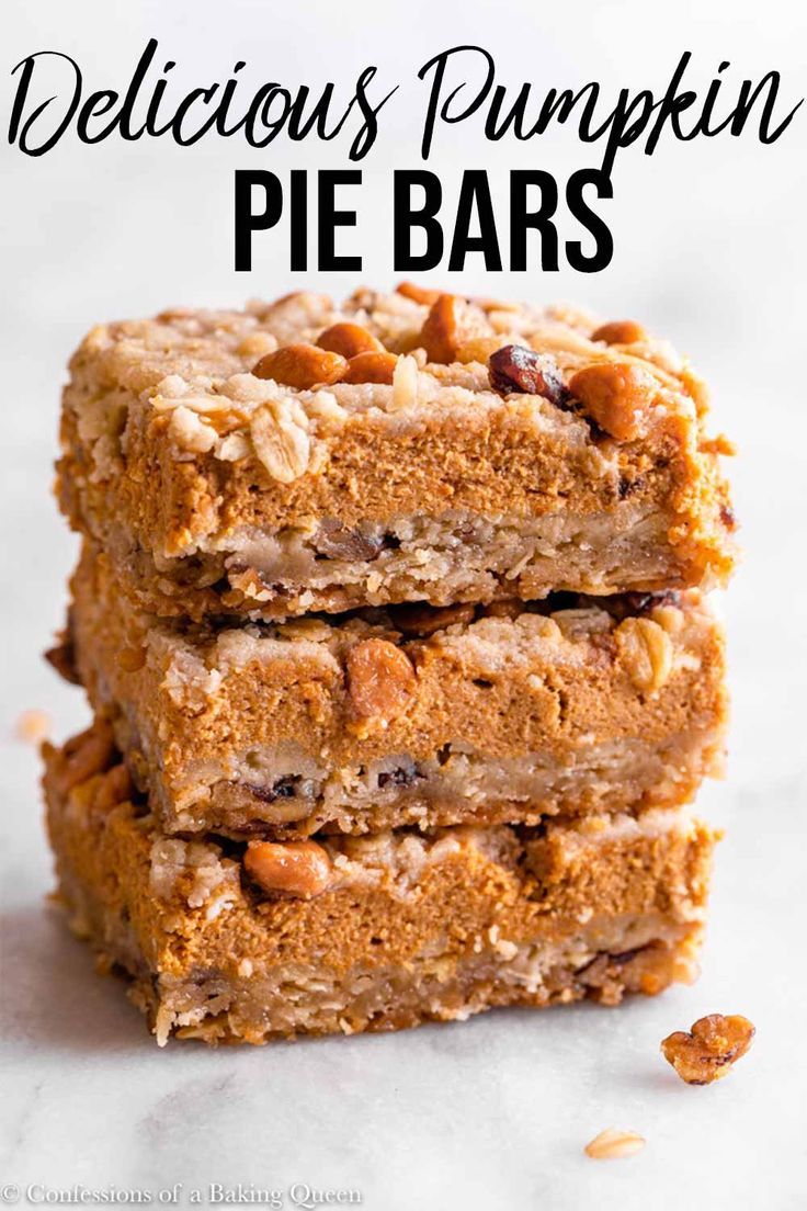 three pieces of delicious pumpkin pie bars stacked on top of each other with text overlay