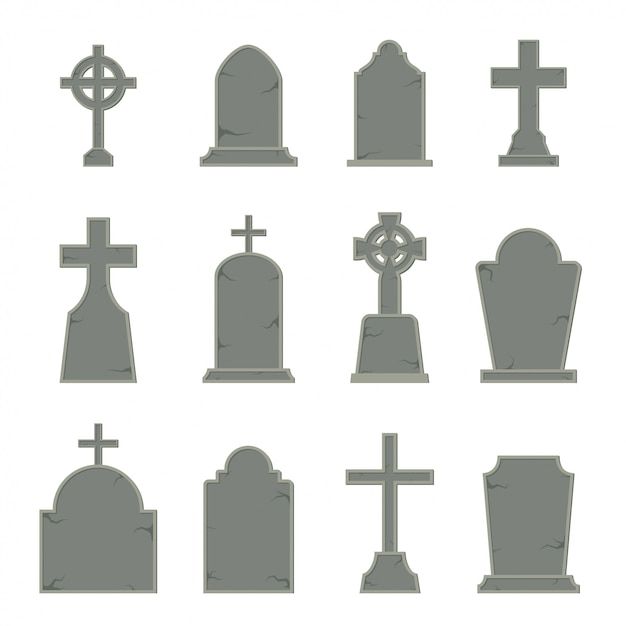 the silhouettes of tombstones and crosses are shown in gray on a white background