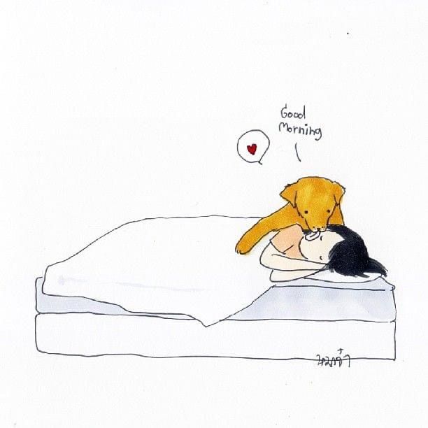 a drawing of a person laying in bed with a teddy bear sleeping on the pillow