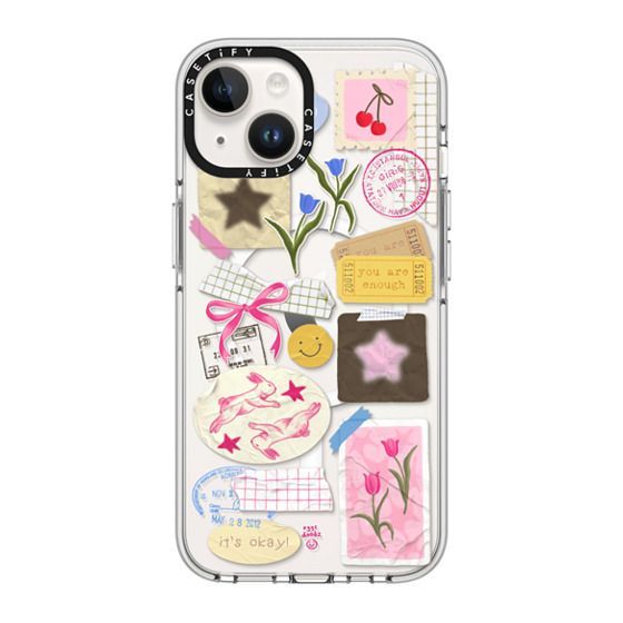 an iphone case with various stickers on it