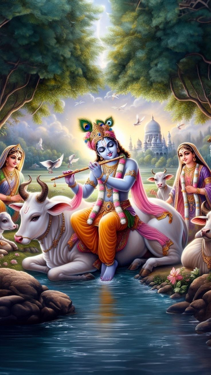 the god is sitting on top of a cow in front of some water and trees