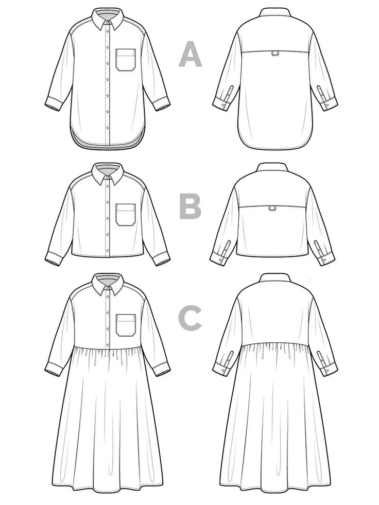 the front, back and side views of a dress with buttons on each chestline