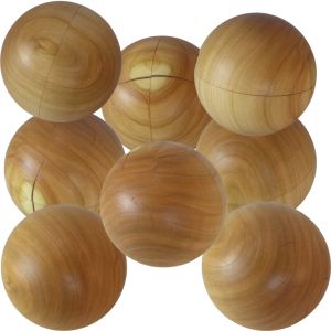 several wooden balls are arranged on top of each other