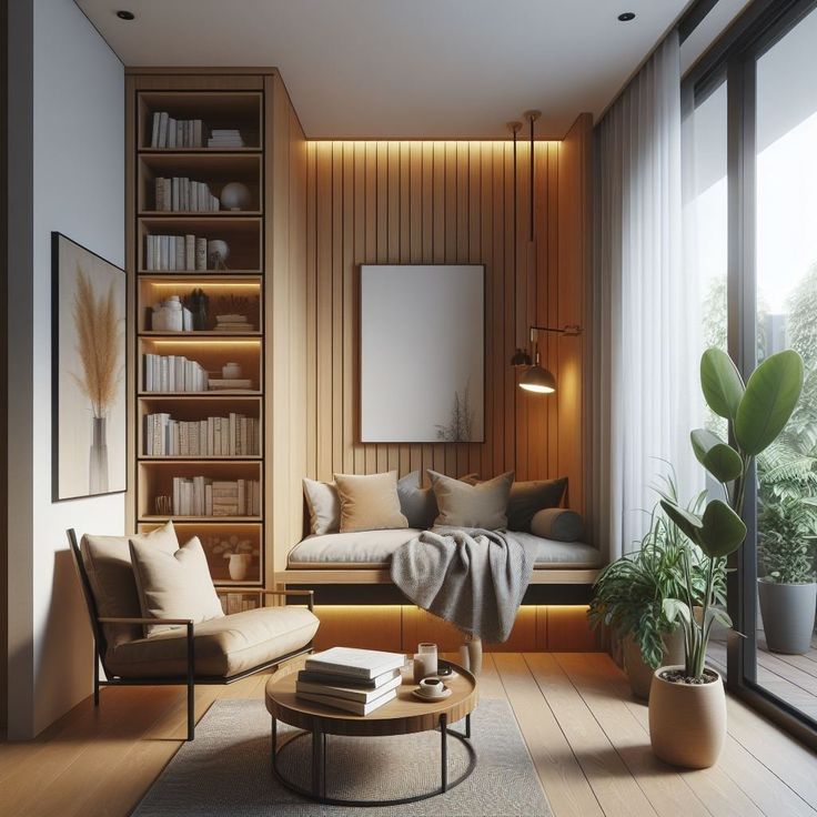 a living room filled with furniture and bookshelves next to a large glass window