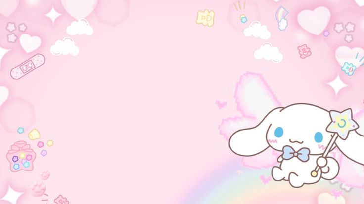 a pink background with an image of a white bunny holding a bow and rainbow in the middle