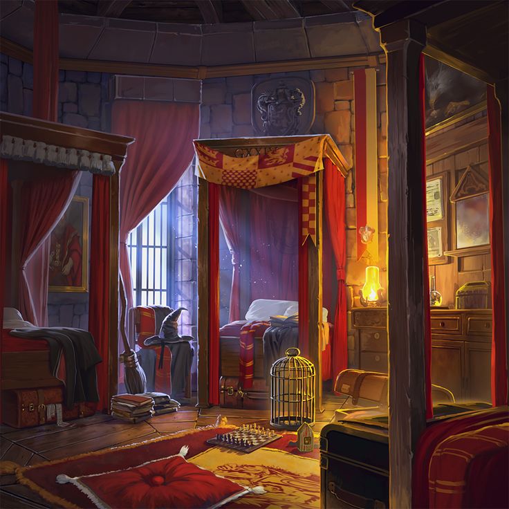 a bedroom with red curtains and a birdcage on the floor next to it