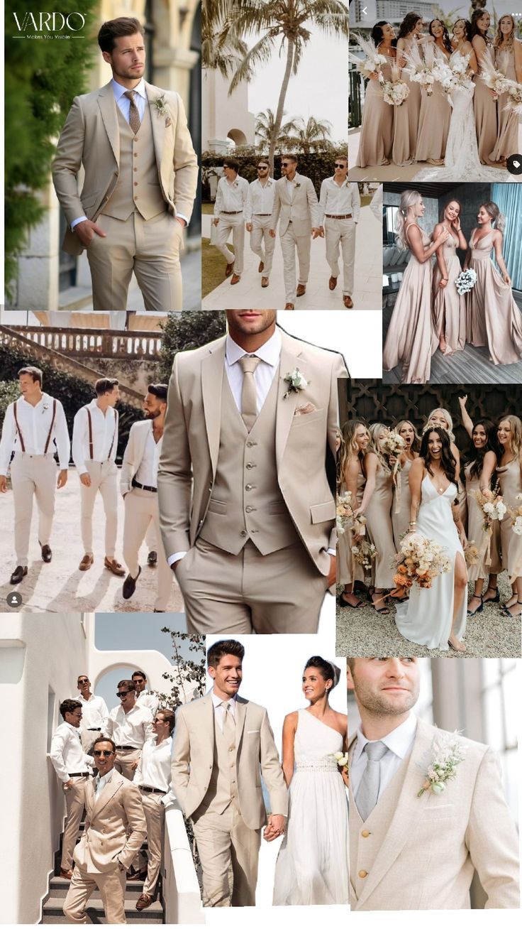 a collage of photos with men and women dressed in wedding attire, including grooms