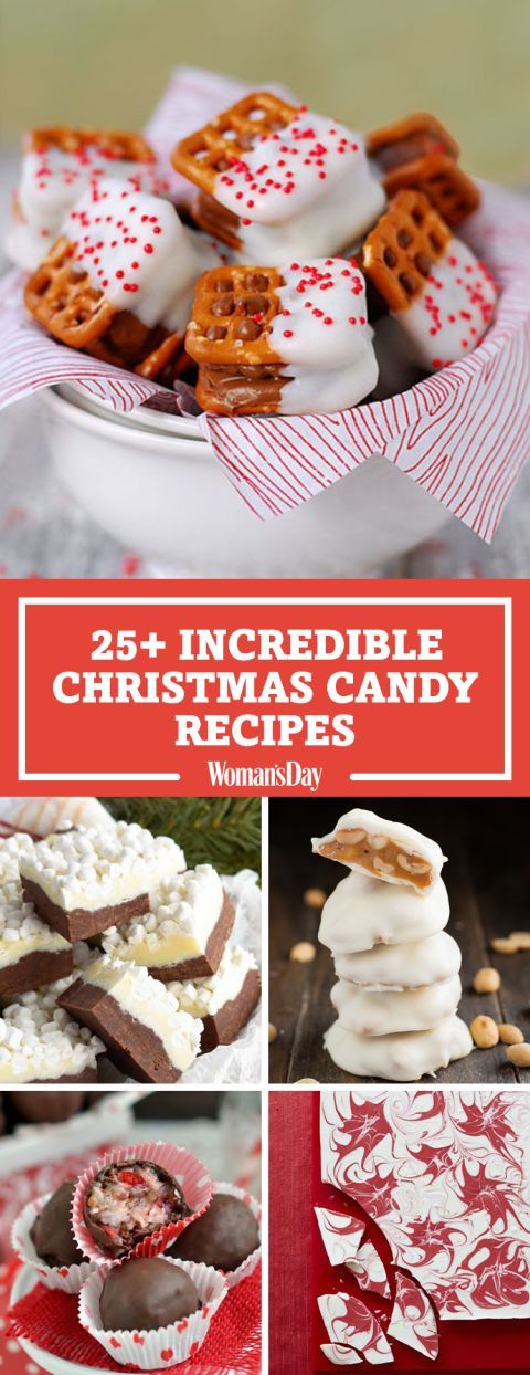 the 25 incredible christmas candy recipes are on display in red and white plates, along with other holiday desserts