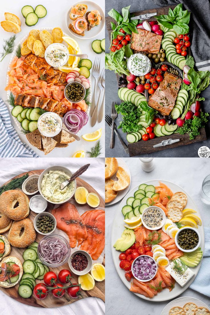 four different plates with food on them, including breads and vegetables in the middle