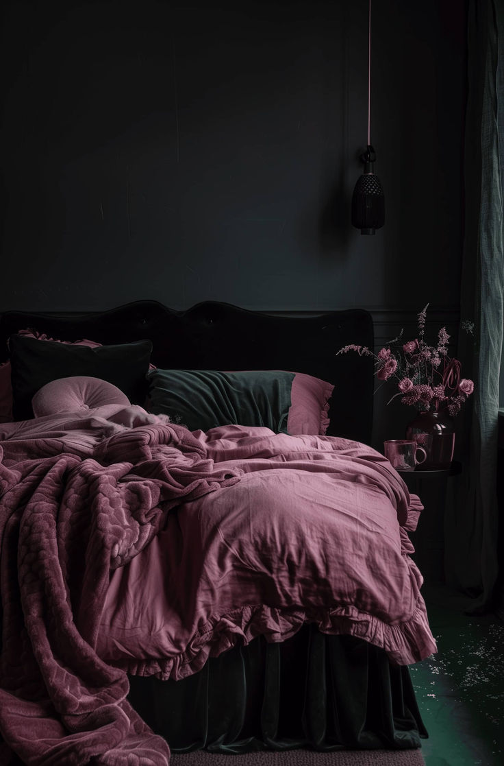 an unmade bed in a dark room with pink comforter and pillows on it