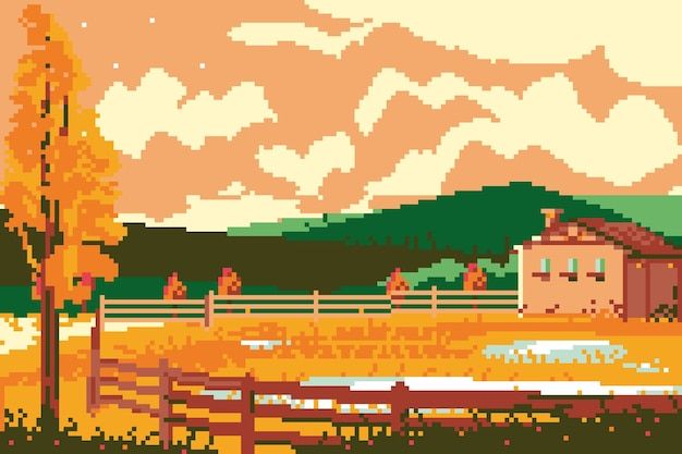 a pixelated image of a farm with a house and trees in the foreground