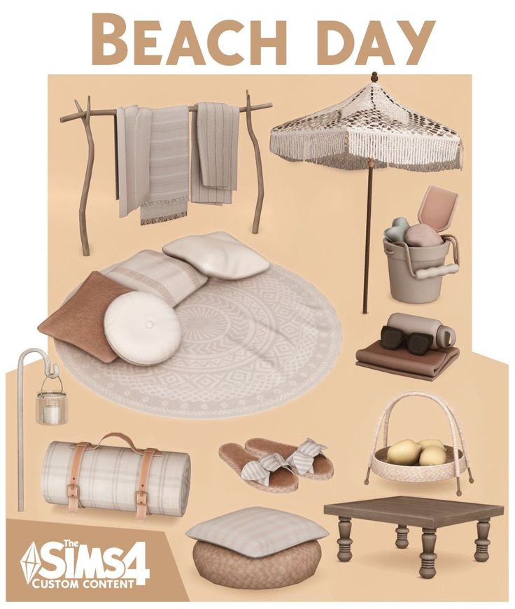 the beach day poster is shown with various items and accessories on it's side