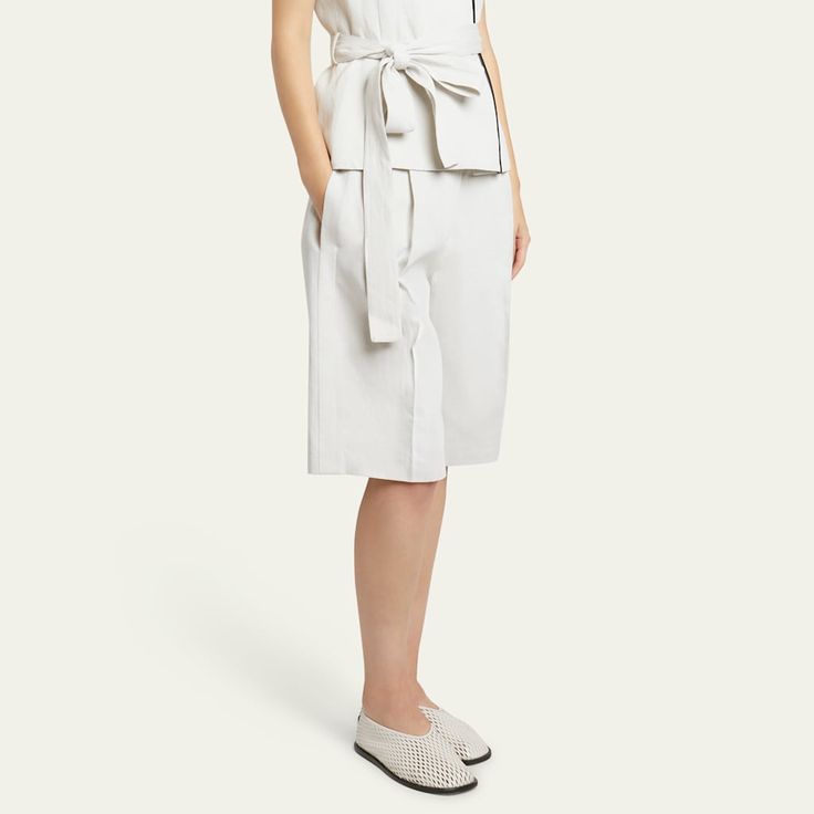 Proenza Schouler "Jenny" cotton linen suiting shorts with pintuck front High waist Side slip pockets; back flap pocket Straight legs Knee length Tab/zip fly; belt loops Cotton/linen Dry clean Made in Poland Linen Knee-length Shorts For Work, Belted Linen Shorts For Summer, Elegant Cotton Bermuda Shorts, Elegant Knee-length Cotton Bermuda Shorts, Elegant Knee-length Bermuda Shorts For Spring, Knee-length Linen Bottoms For Workwear, Elegant Cotton Shorts With Pockets, Elegant Knee-length Bermuda Shorts With Pockets, Elegant Cotton Knee-length Shorts