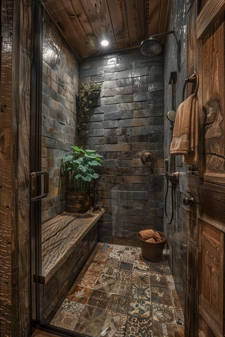 a rustic bathroom with wood paneling and stone walls, along with a plant in the corner