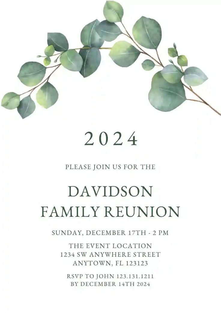 a white card with green leaves on it and the words family reunion written in black