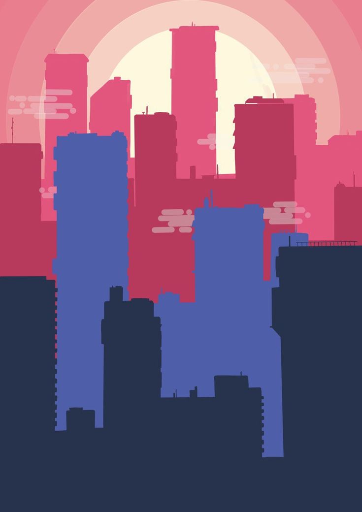 an image of a city skyline with the sun setting in the background and buildings silhouetted