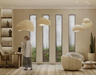 a person standing in a living room with lots of furniture and plants on the walls