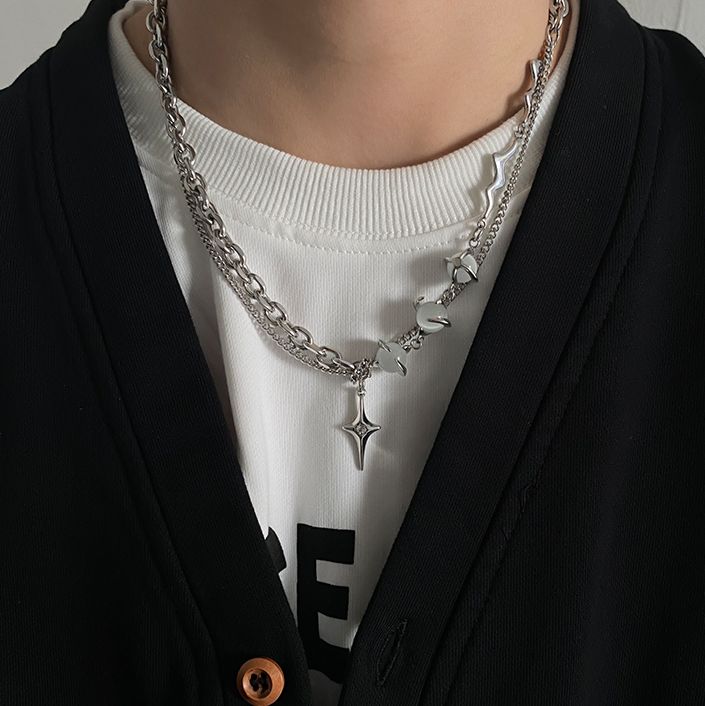 The model's height is 5' 7'' (170cm) and weighs 132 pounds (60kg) - Titanium Steel Mens Silver Chain Necklace, Streetwear Jewelry, Jewelry Star, Edgy Jewelry, Multi Chain Necklace, Mens Trendy Outfits, Star Chain, Jewelry Fashion Trends, Classy Jewelry