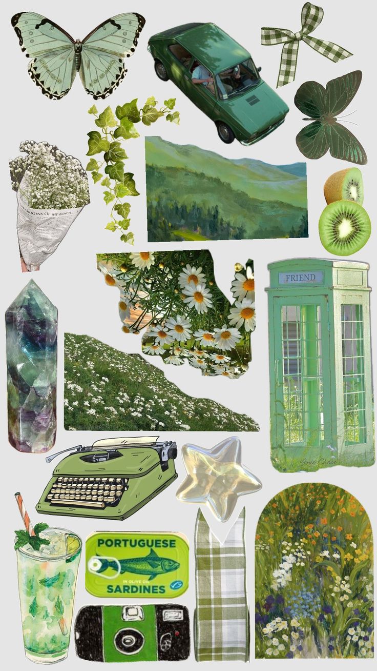 a collage of green and white items including an old fashioned typewriter, flowers, trees, butterflies, and other things