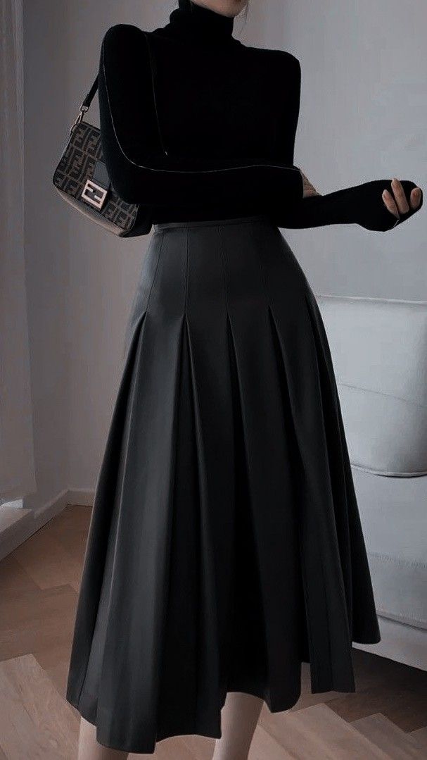 High Waisted Pencil Skirt Long, Black Turtleneck With Long Skirt, Turtleneck With Long Skirt, Turtleneck Outfit With Skirt, Turtleneck Sweater With Skirt, Long Box Pleated Skirt, Black Turtleneck With Skirt, Black Turtleneck And Skirt, Black Turtleneck Outfit Skirt