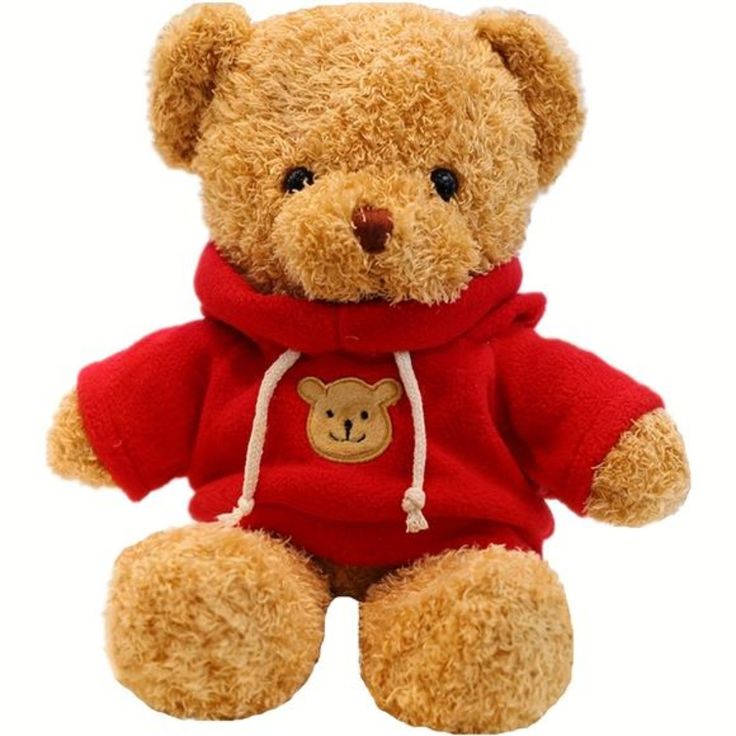 a brown teddy bear wearing a red shirt and hoodie with a gold emblem on it's chest